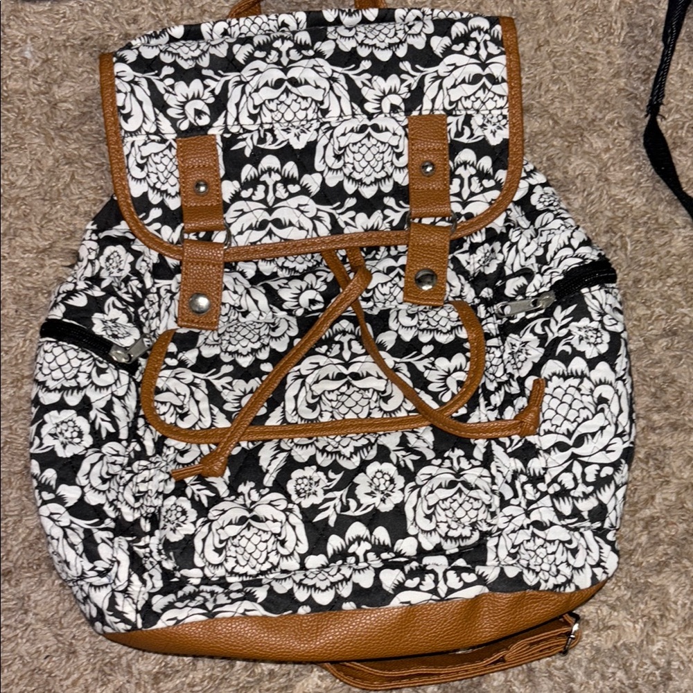 Floral Black and White Backpack with Brown Accents